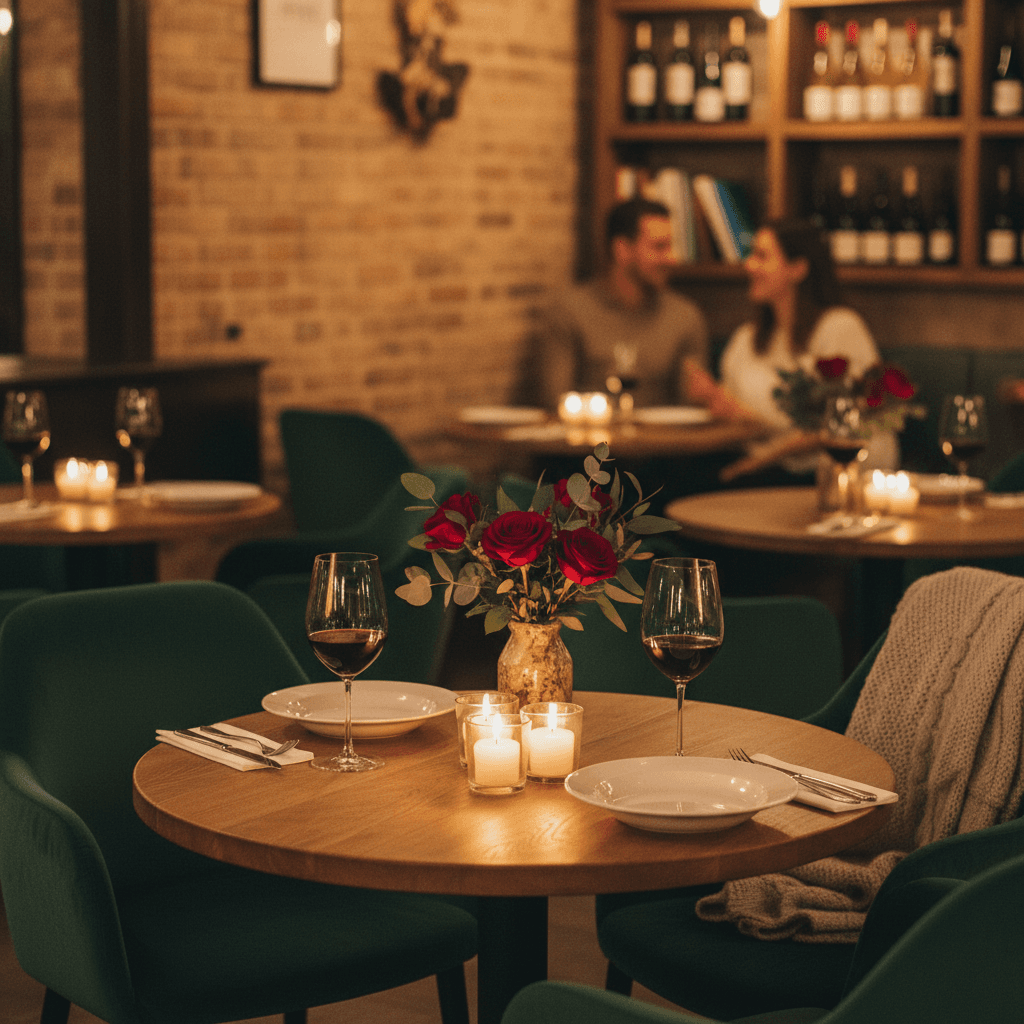 Intimate restaurant table set with warm candlelight
