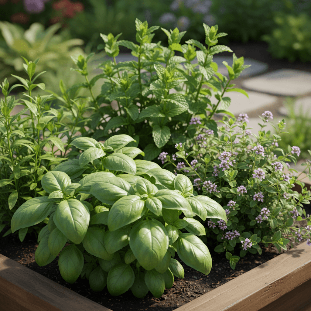 Fresh basil, oregano, and mint herbs growing in a garden