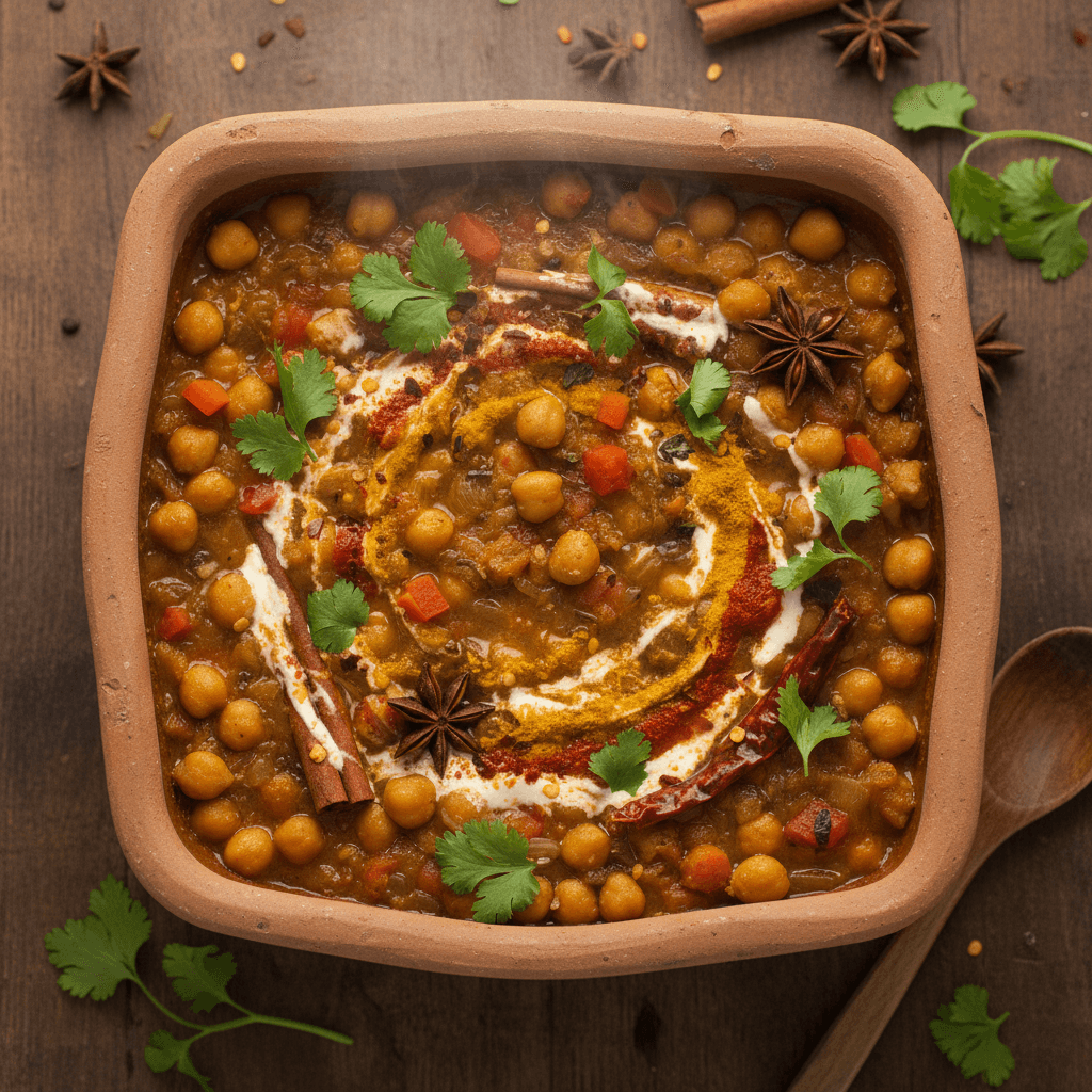 Hearty chickpea stew in a clay pot with herbs