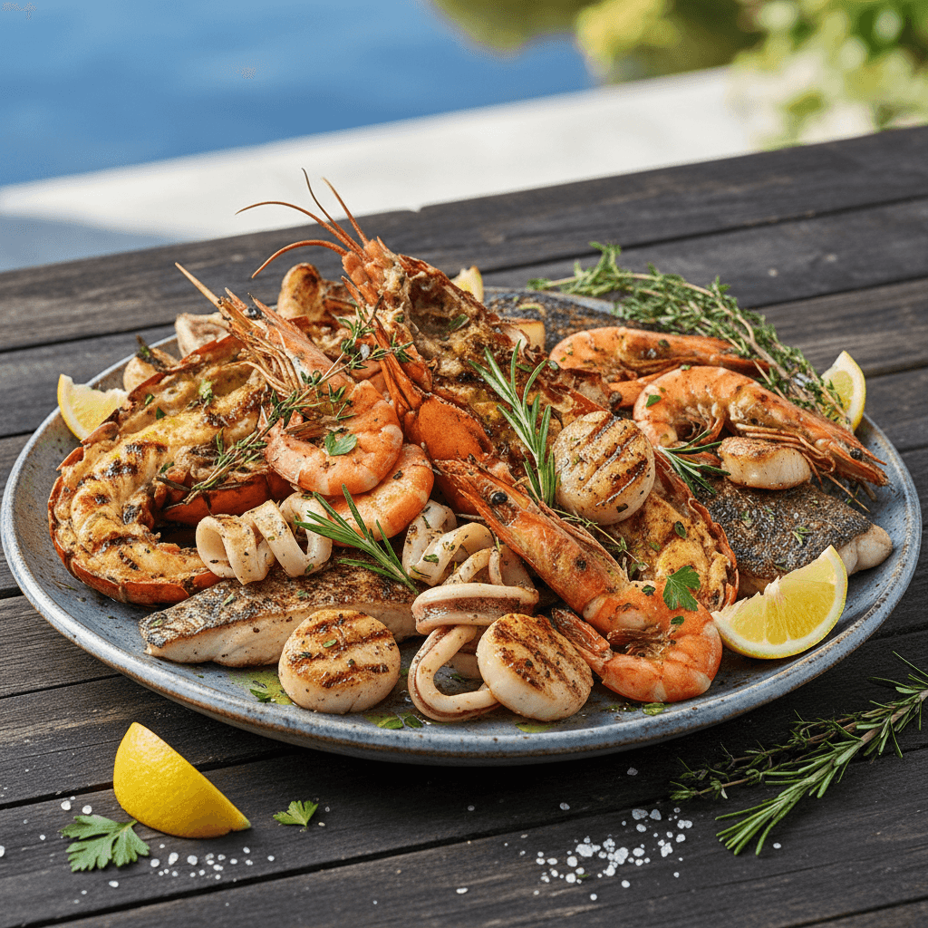 Fresh grilled seafood platter with lemon and herbs on a ceramic plate