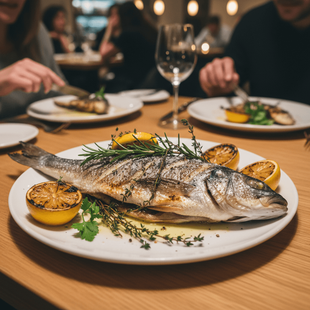 Grilled whole fish with lemon and herbs on a plate at a table