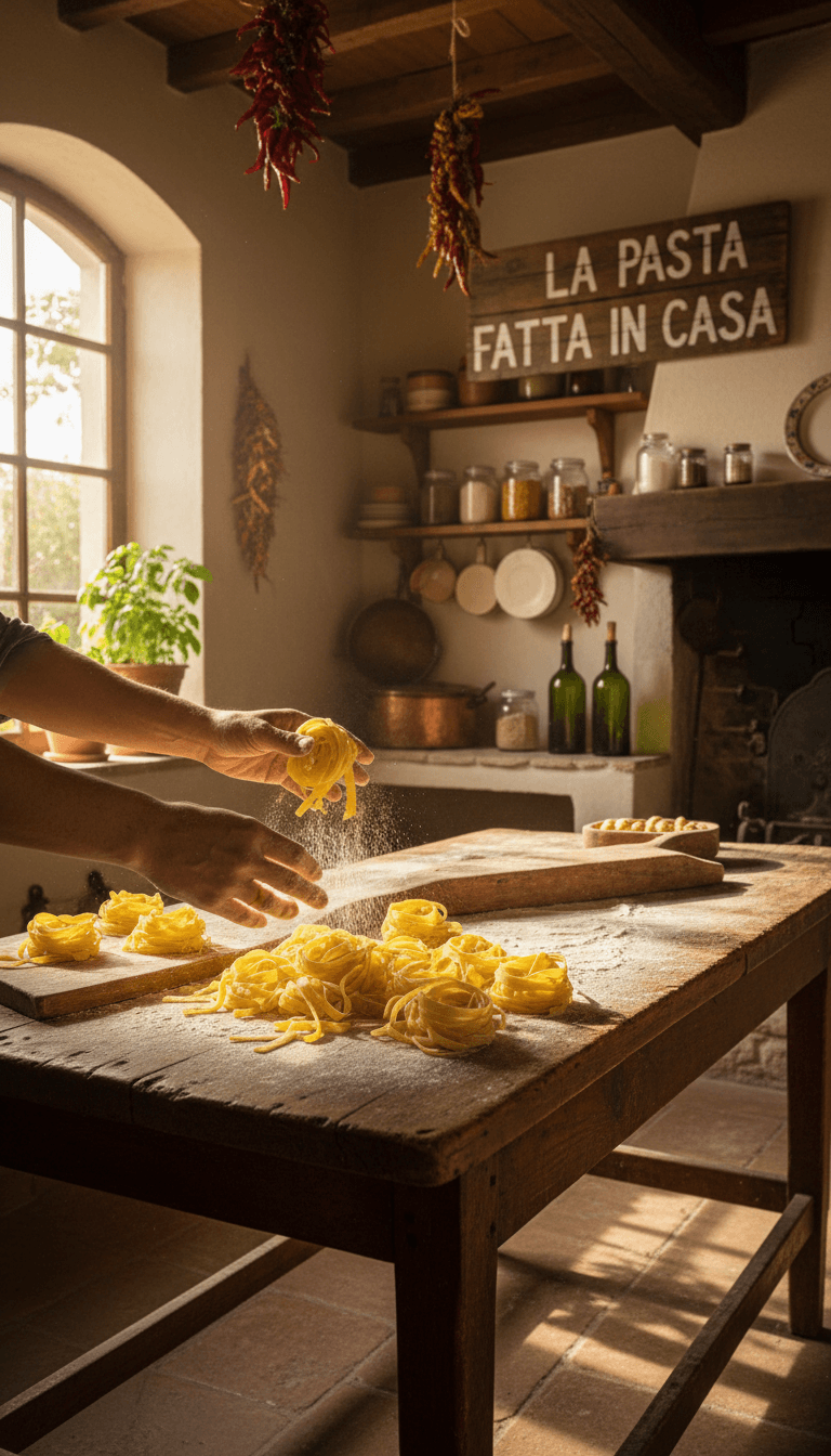 Fresh handmade tagliatelle pasta in a rustic kitchen