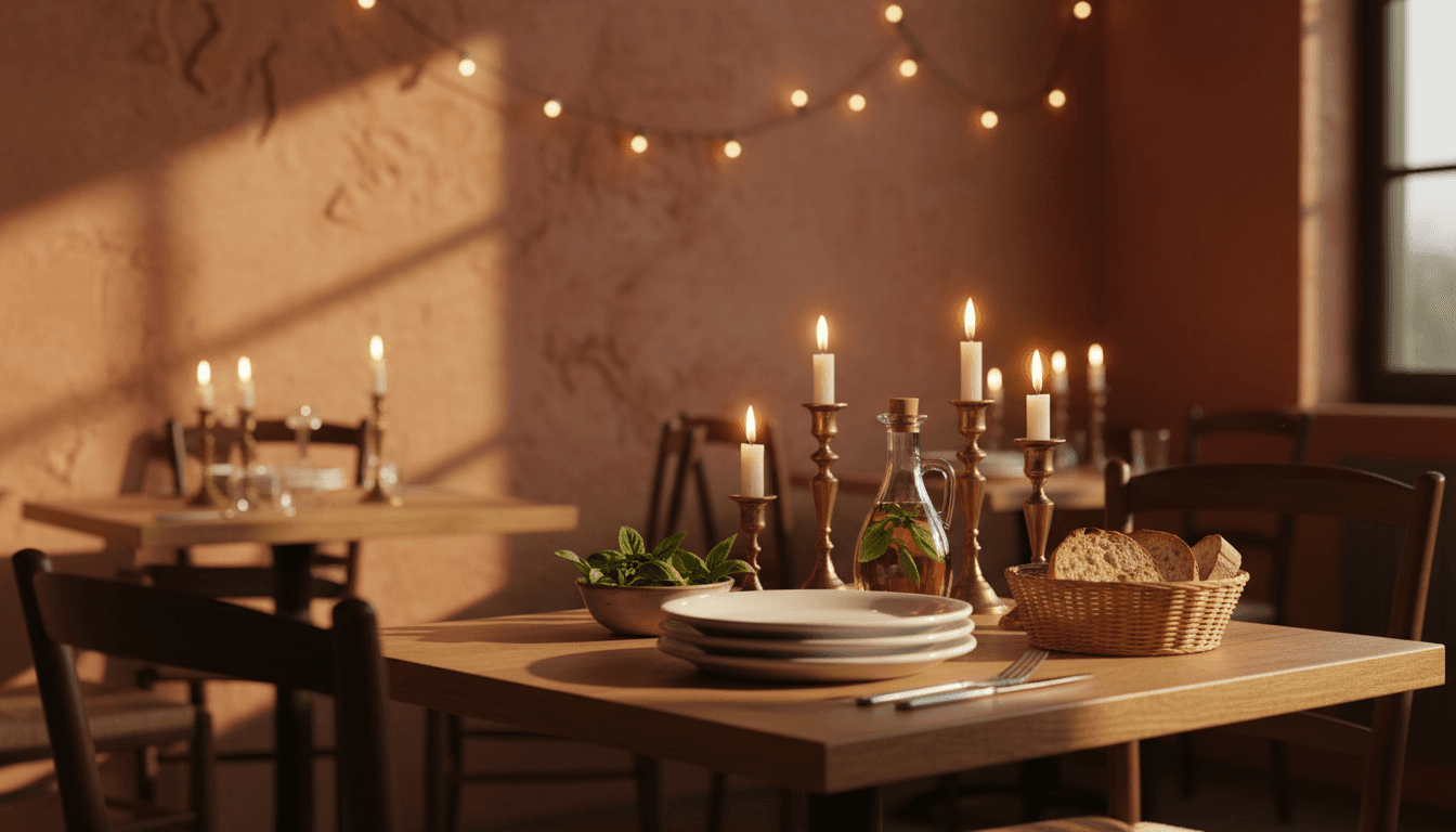 Cozy Mediterranean restaurant table set for dinner with warm candlelight