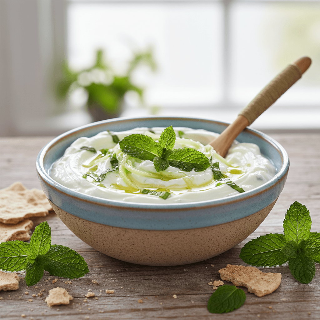 Creamy yogurt cucumber dip garnished with mint