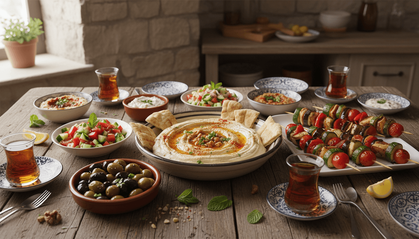 Colorful spread of Mediterranean meze with hummus, olives, grilled vegetables, and warm flatbread on a wooden table