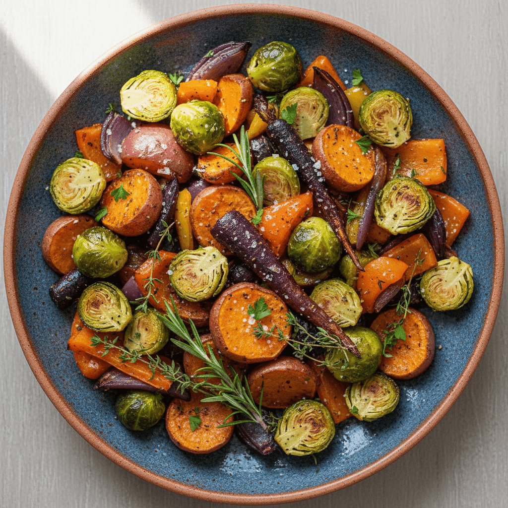Roasted seasonal vegetables with herbs on a serving plate
