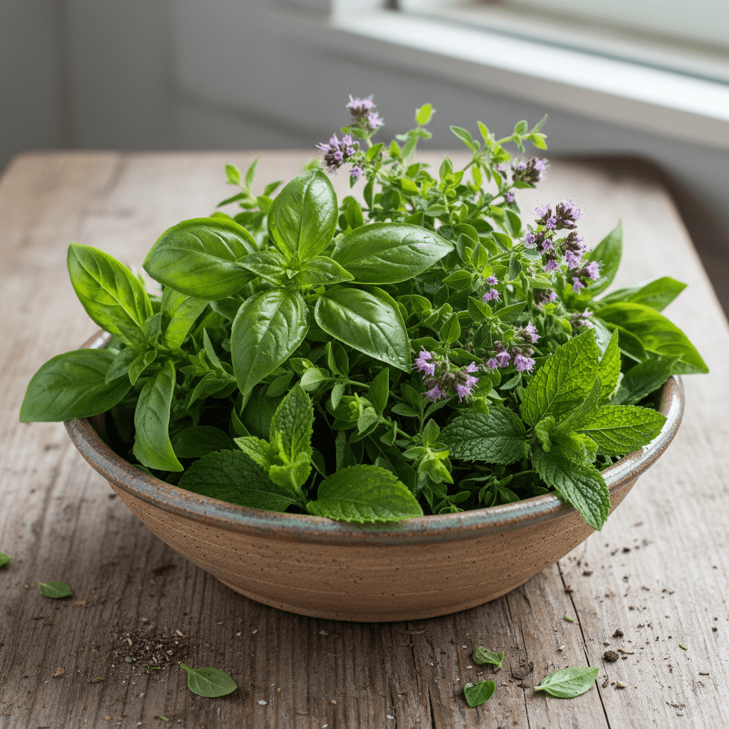 Fresh basil, oregano, and mint herbs in a ceramic bowl
