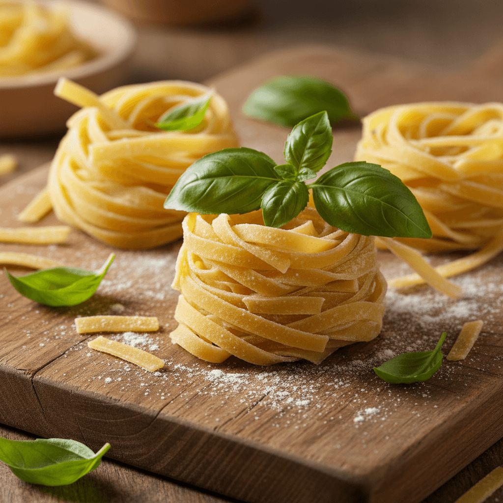 Fresh handmade tagliatelle pasta nest with basil on a wooden board