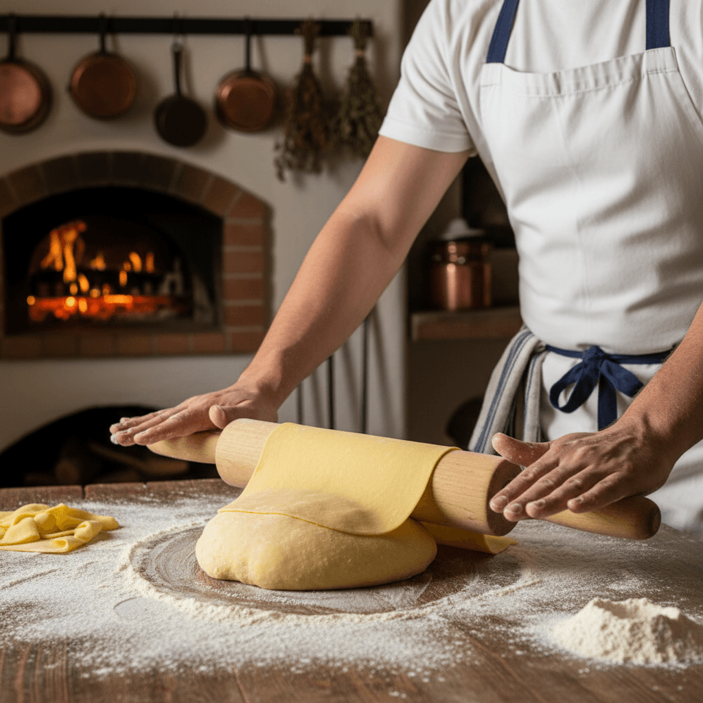 Chef's hands rolling fresh pasta dough on a floured wooden table