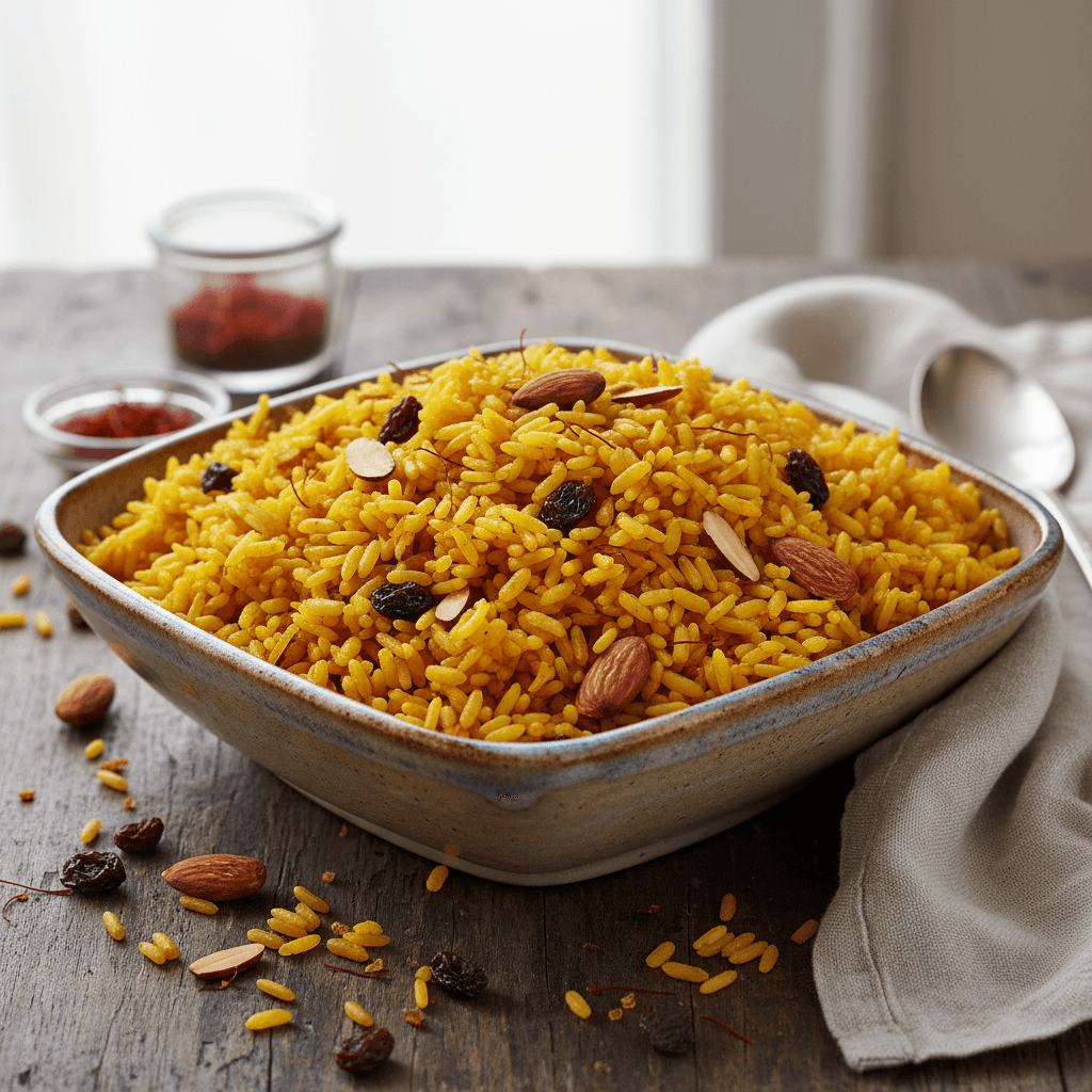 Golden saffron rice with toasted almonds in a ceramic bowl