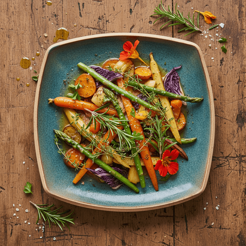 Seasonal vegetable dish with fresh herbs on a rustic plate