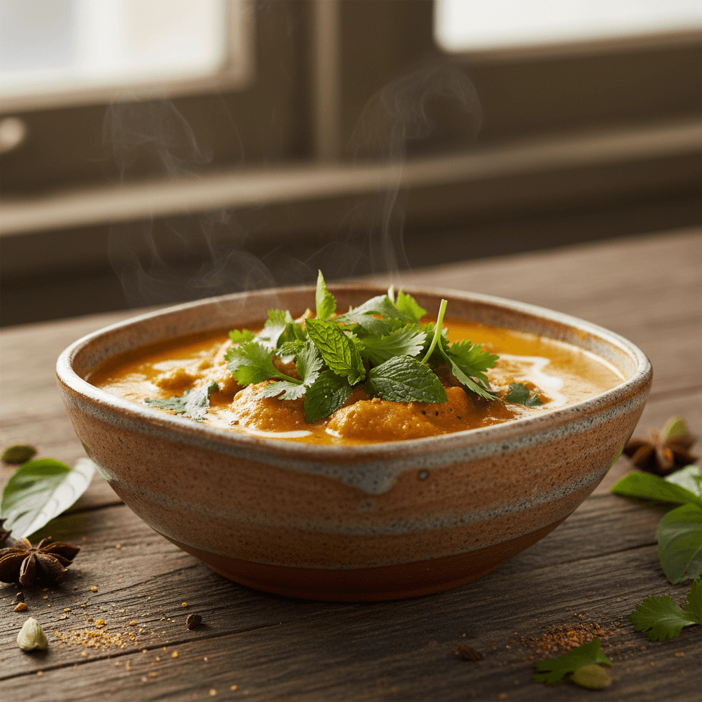Close-up of curry with fresh herbs
