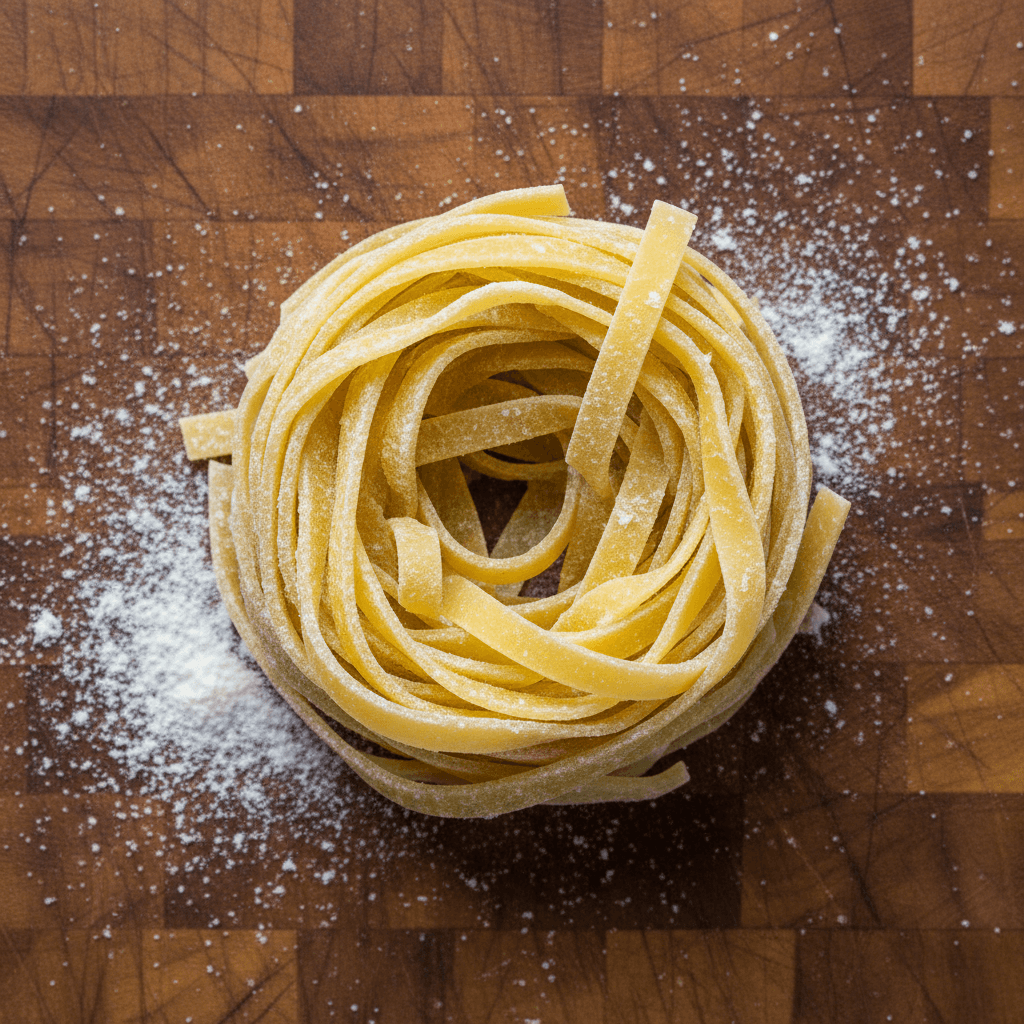 Fresh hand-made tagliatelle pasta on a wooden board