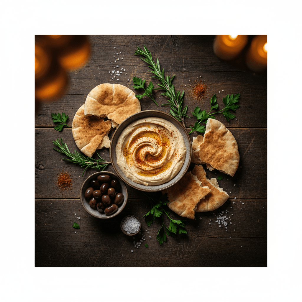 Rustic mezze spread with hummus, pita bread, and olives on a wooden table