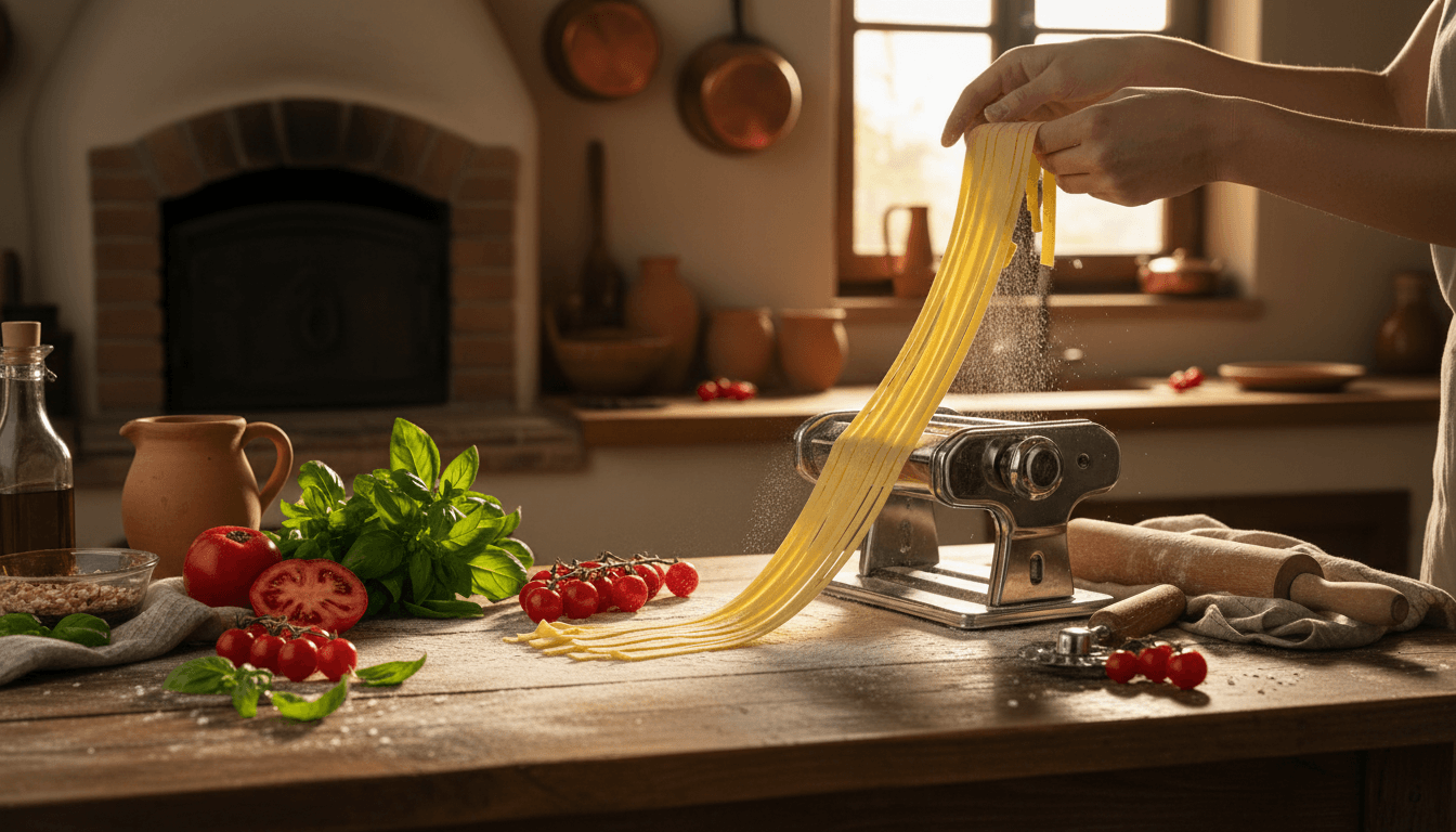 Handmade tagliatelle pasta being rolled on a wooden table with fresh basil and tomatoes in a warm rustic kitchen