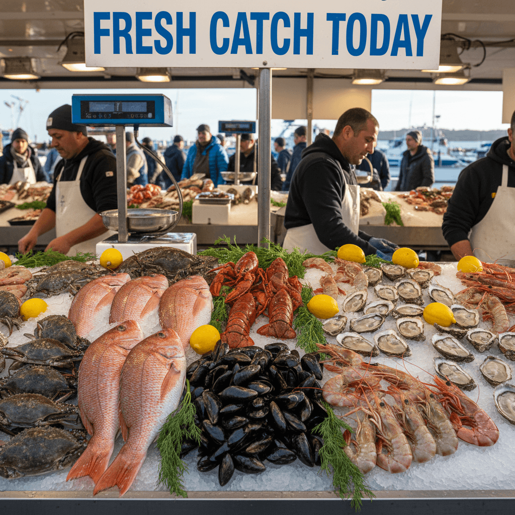 Fresh seafood displayed on ice at a morning fish market
