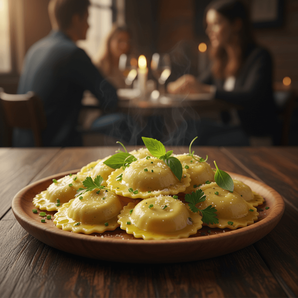 Handmade ravioli with fresh herbs served on a wooden plate in warm light