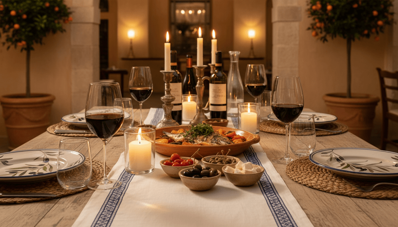 Elegant Mediterranean table set for dinner with candles and wine glasses