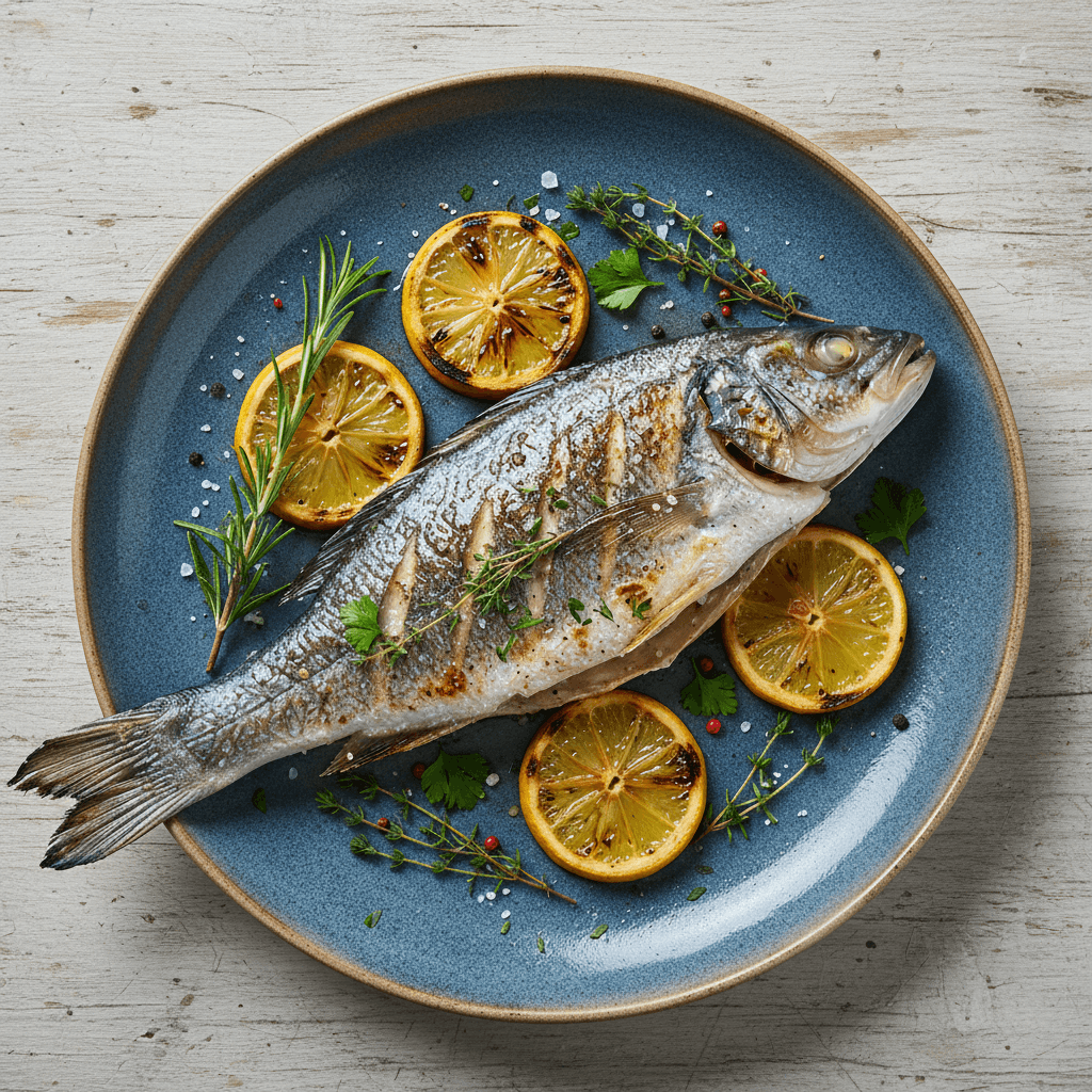 Grilled whole fish with lemon and herbs on a ceramic plate