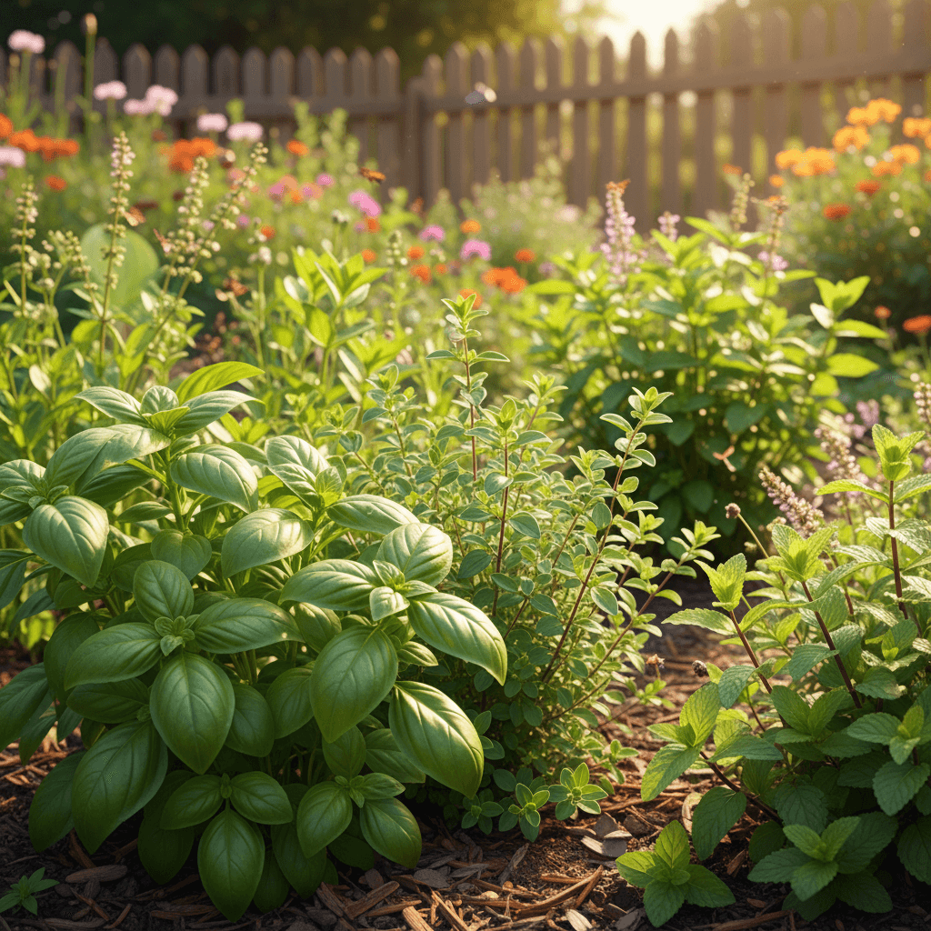 Fresh basil, oregano, and mint herbs growing in a sunny garden