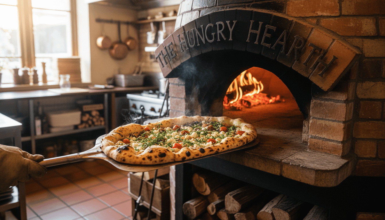 Wood-fired flatbread with blistered crust and fresh herbs in a rustic restaurant kitchen