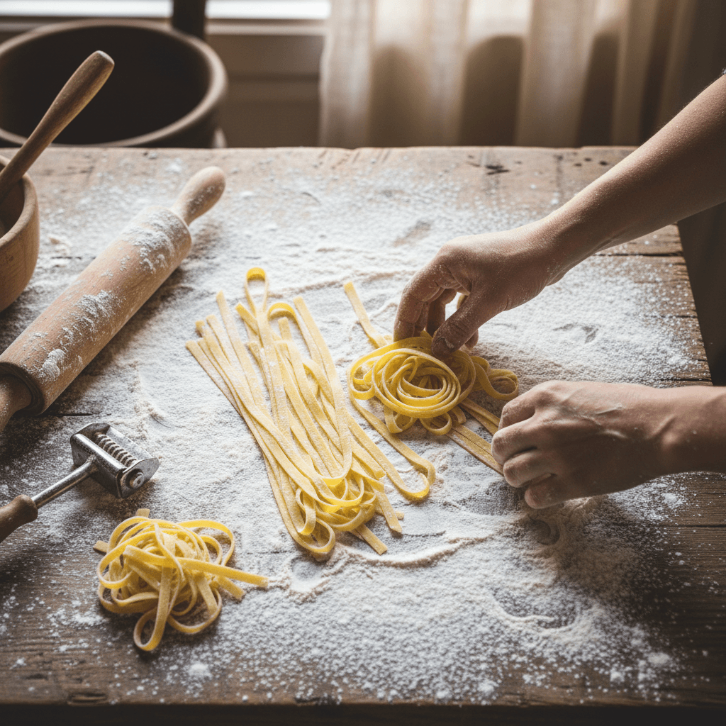 Handmade tagliatelle pasta with fresh ingredients on a wooden table