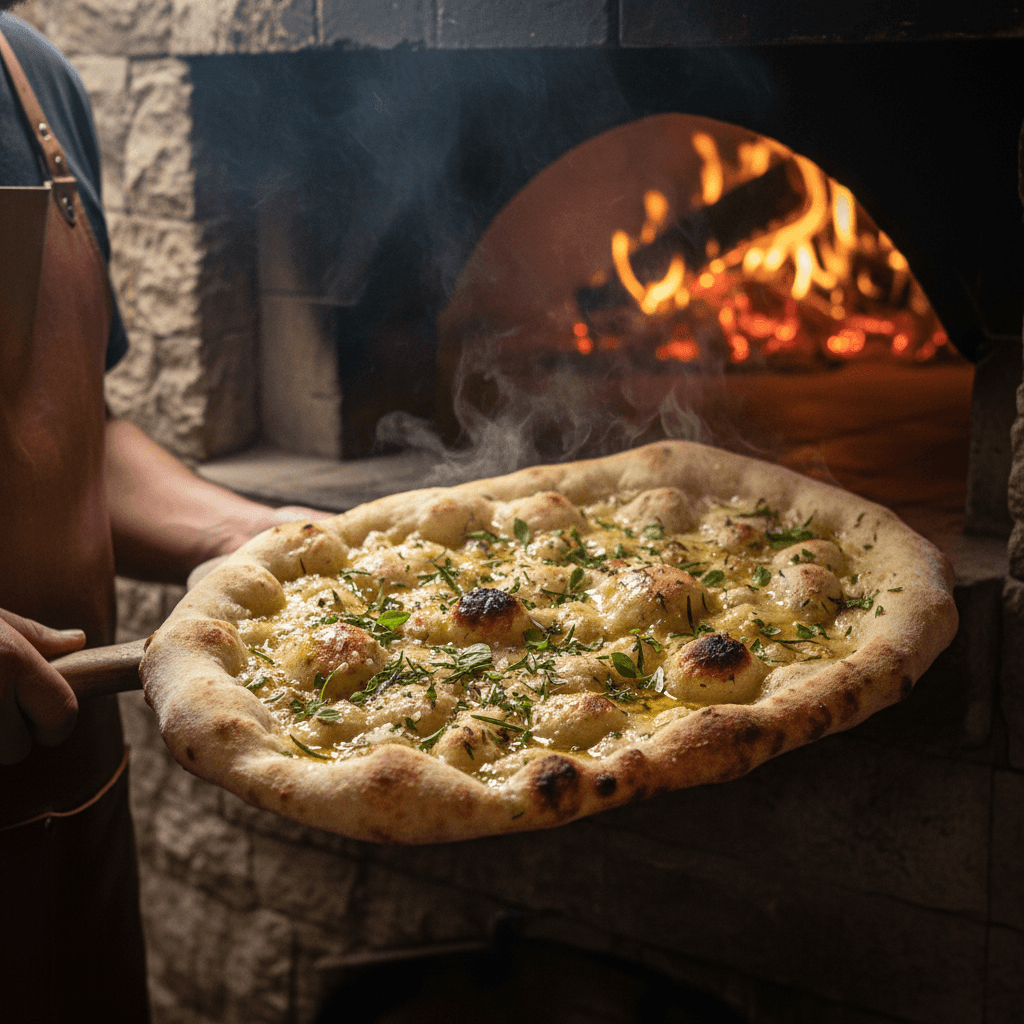 Wood-fired flatbread with fresh herbs and olive oil being pulled from a hot oven