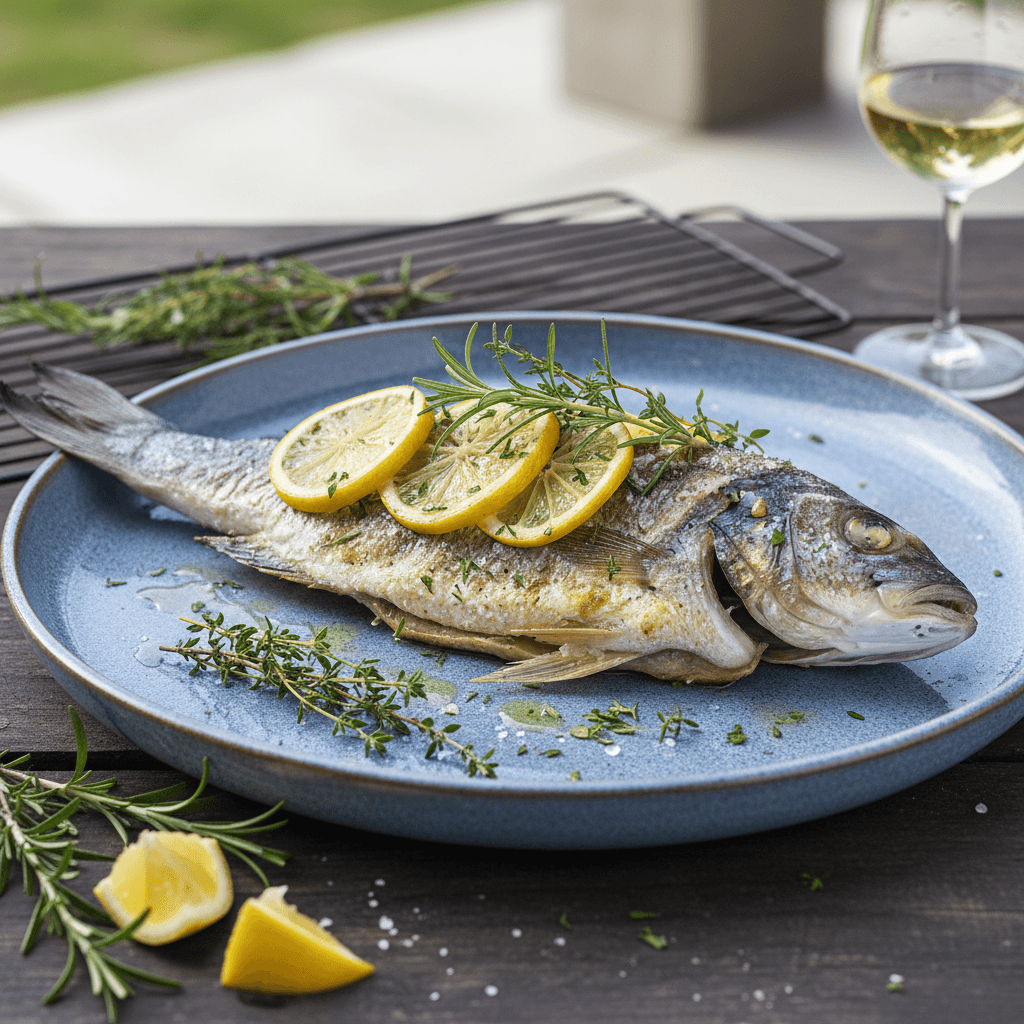 Grilled whole fish with lemon and herbs