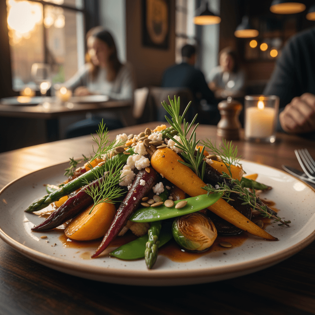 Seasonal vegetable dish plated with fresh herbs in a warm setting
