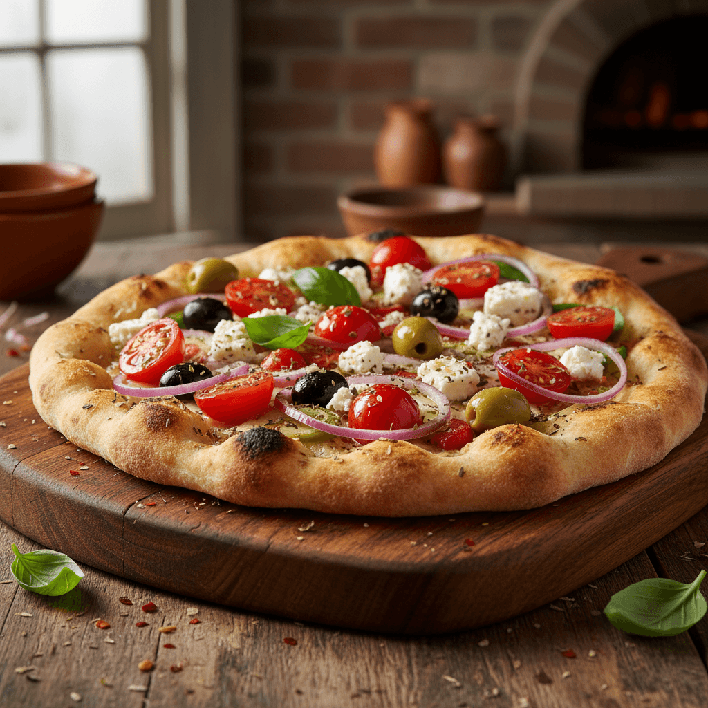 Wood-fired flatbread topped with Mediterranean ingredients on a rustic board