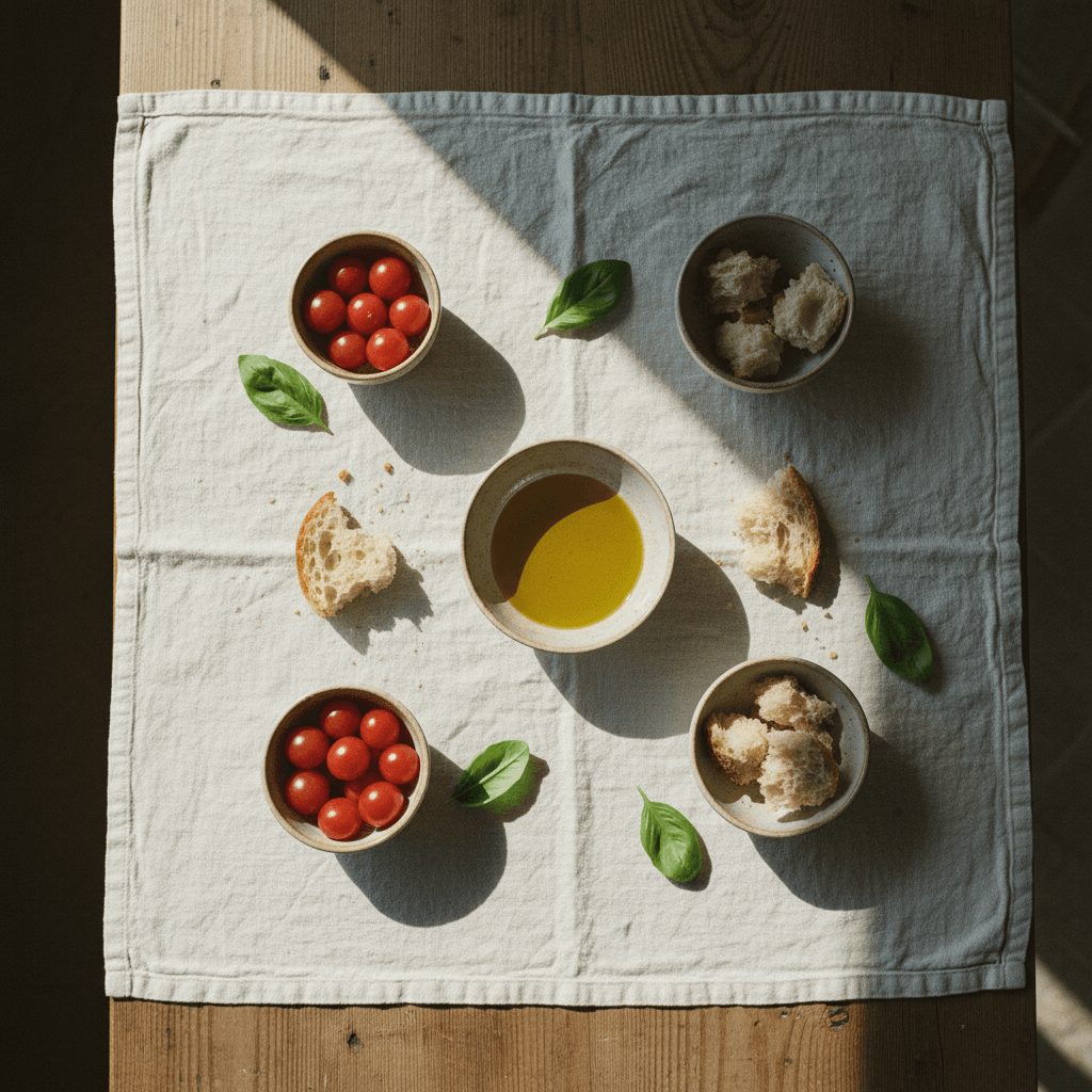 Rustic table set with small ceramic bowls of golden olive oil, fresh basil leaves, cherry tomatoes, and torn bread