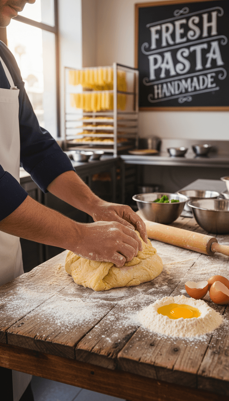 Fresh handmade pasta being prepared in a professional kitchen