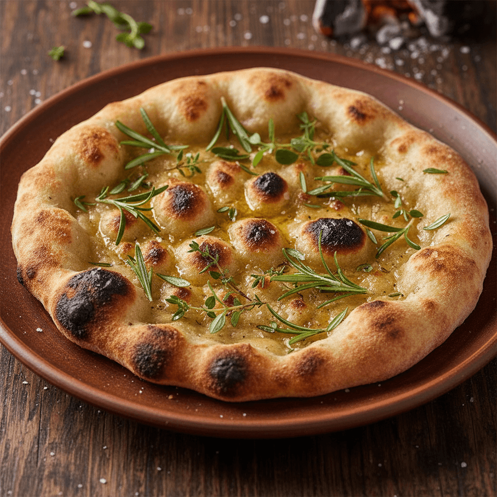 Wood-fired flatbread with herbs on a rustic plate