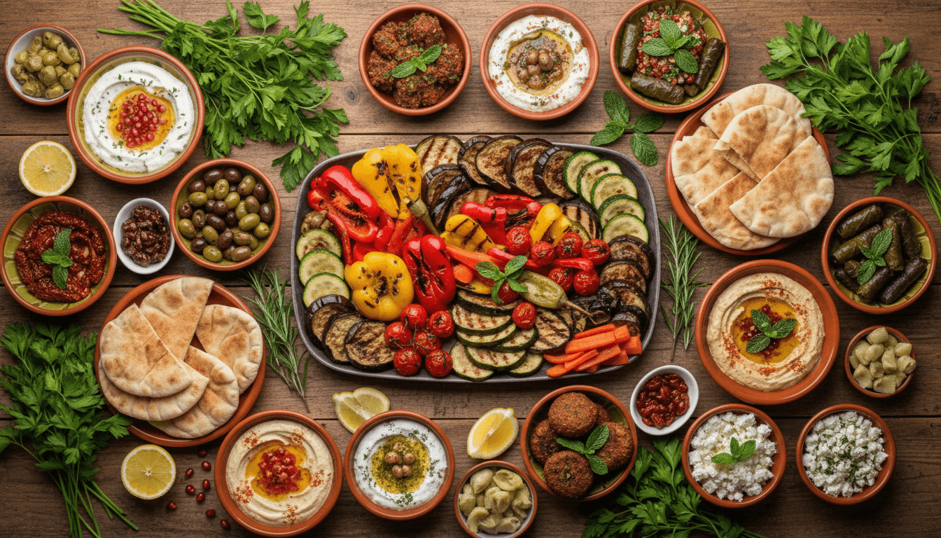 Overhead spread of Mediterranean mezze dishes with grilled vegetables and fresh herbs on a rustic table