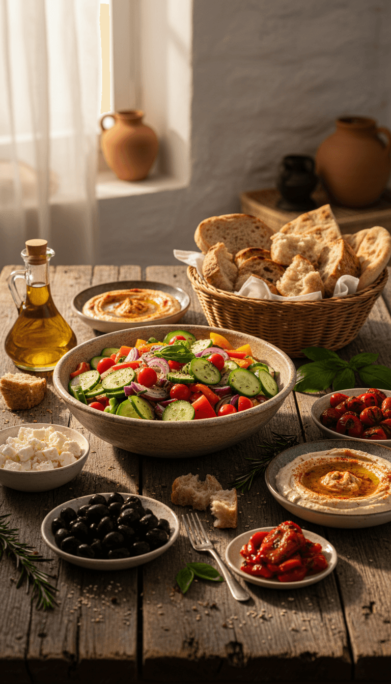 Rustic Mediterranean mezze spread with fresh vegetables and olive oil