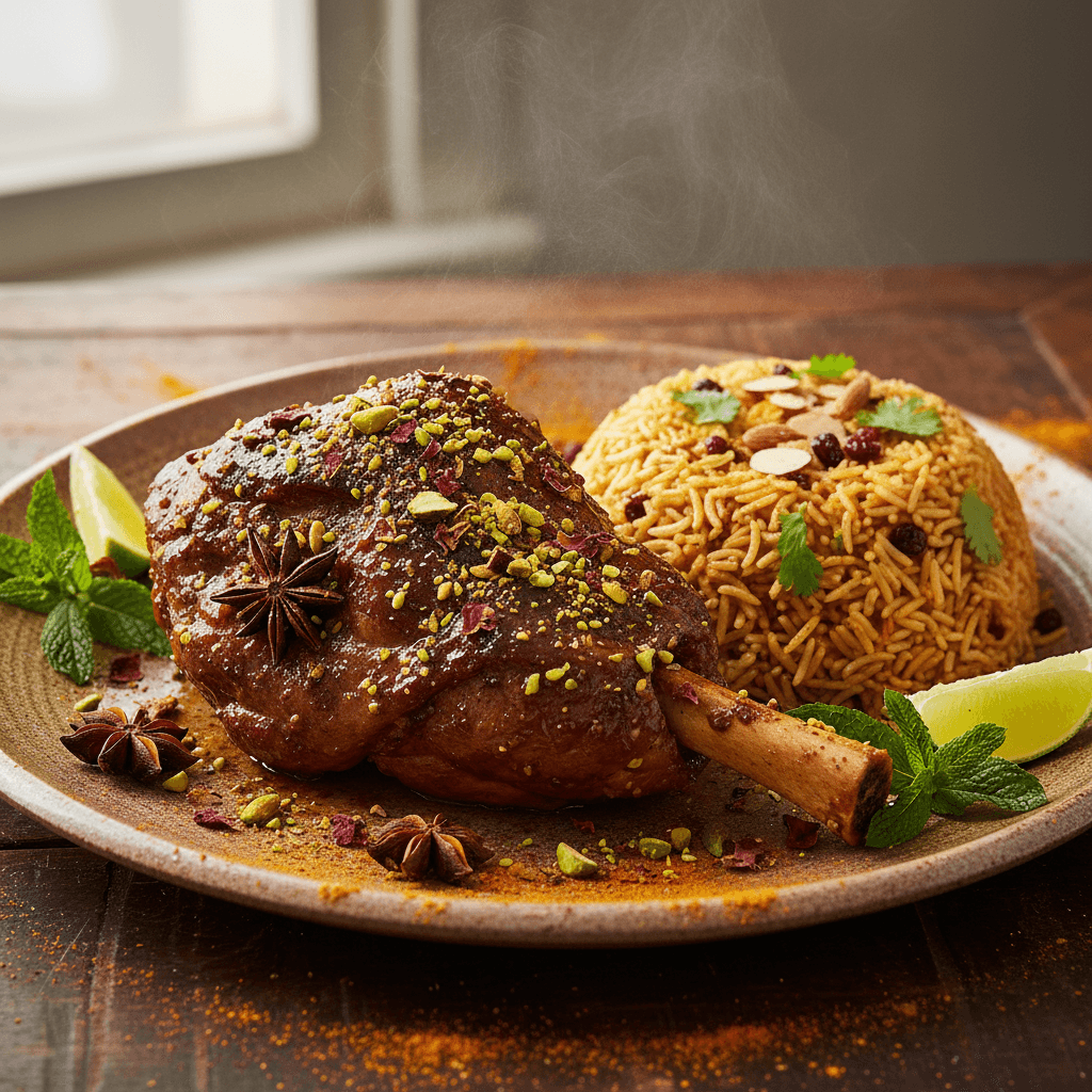 Slow-braised lamb and spiced oriental dishes with fragrant rice