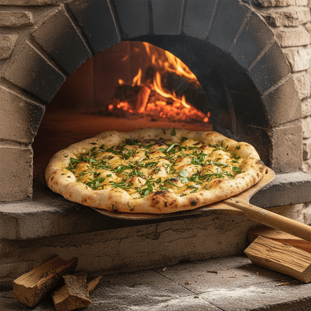 Wood-fired flatbread with herbs in a rustic brick oven