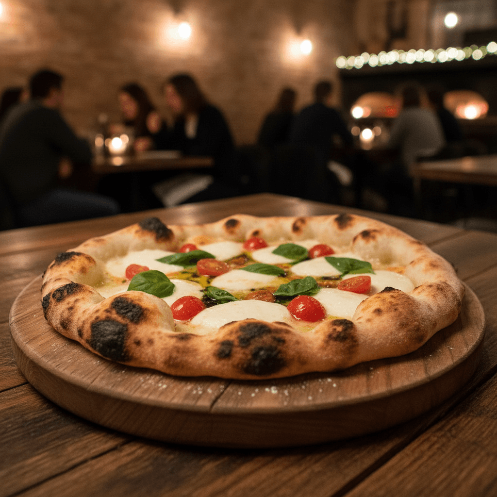 Wood-fired flatbread with charred crust on a wooden board
