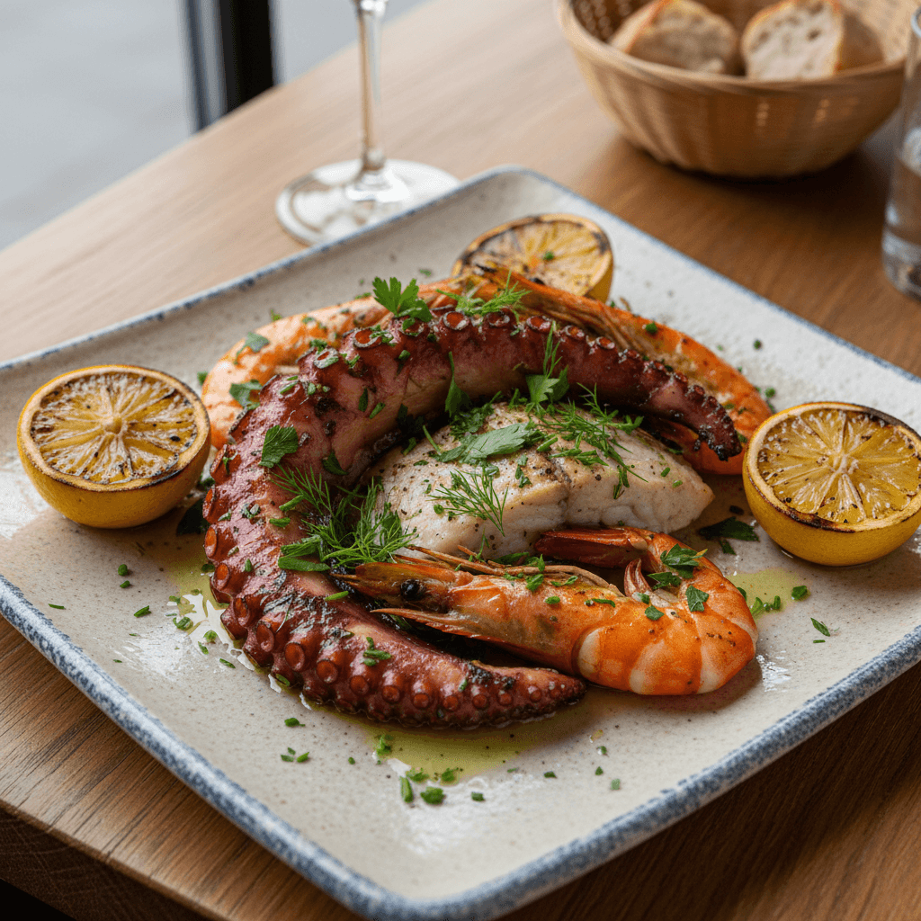 Grilled seafood with herbs and lemon