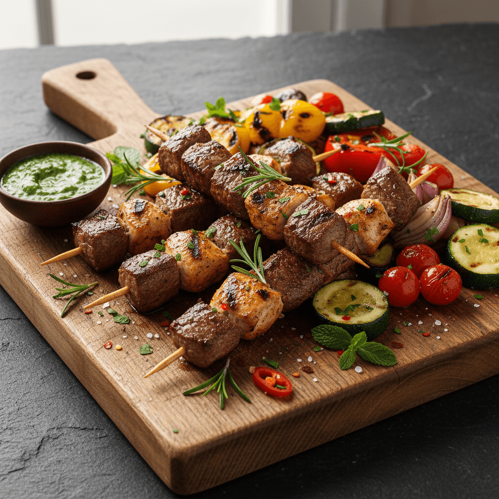 Grilled meat skewers with fresh herbs on a wooden board