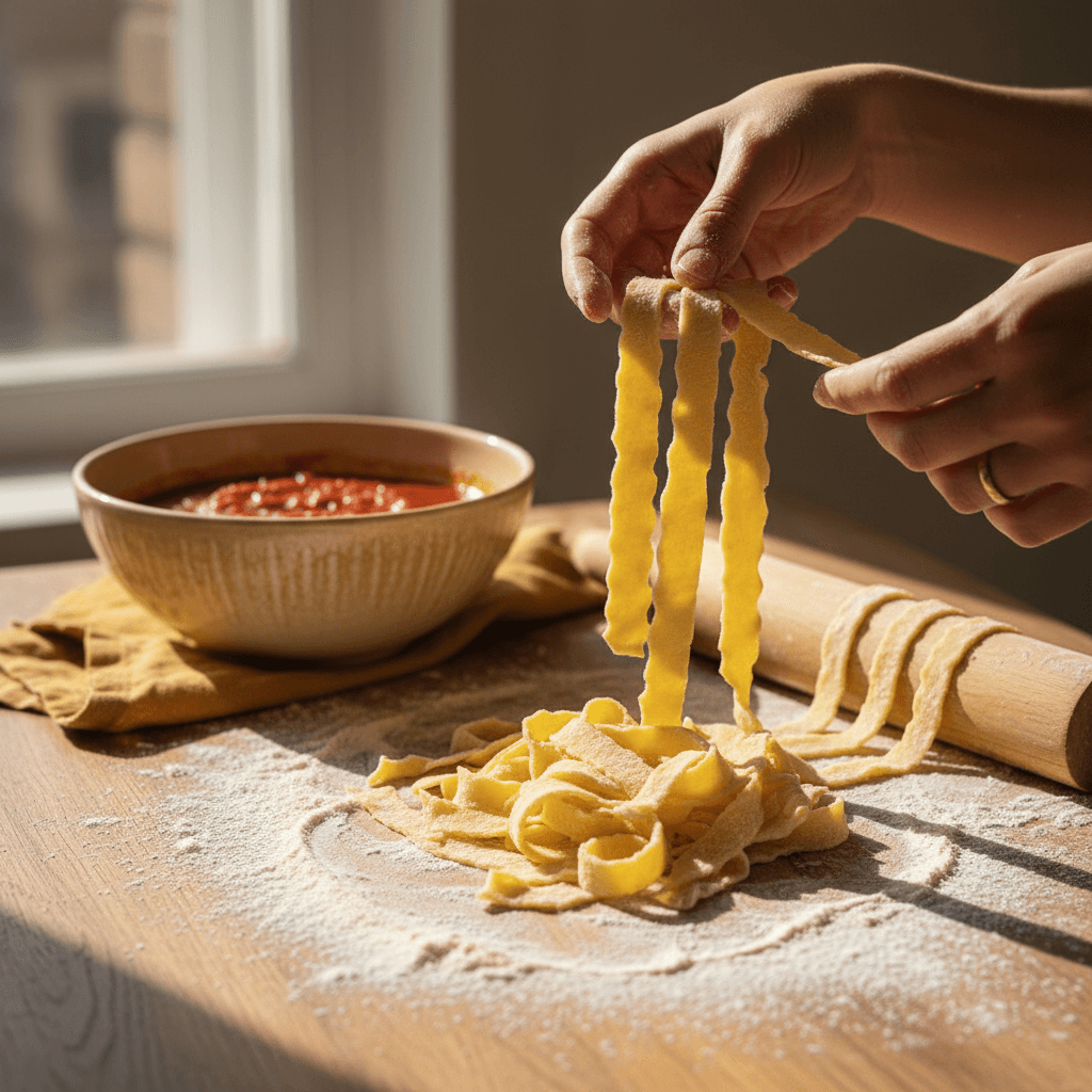 Hand-rolled pasta ribbons dusted in flour on a wooden table