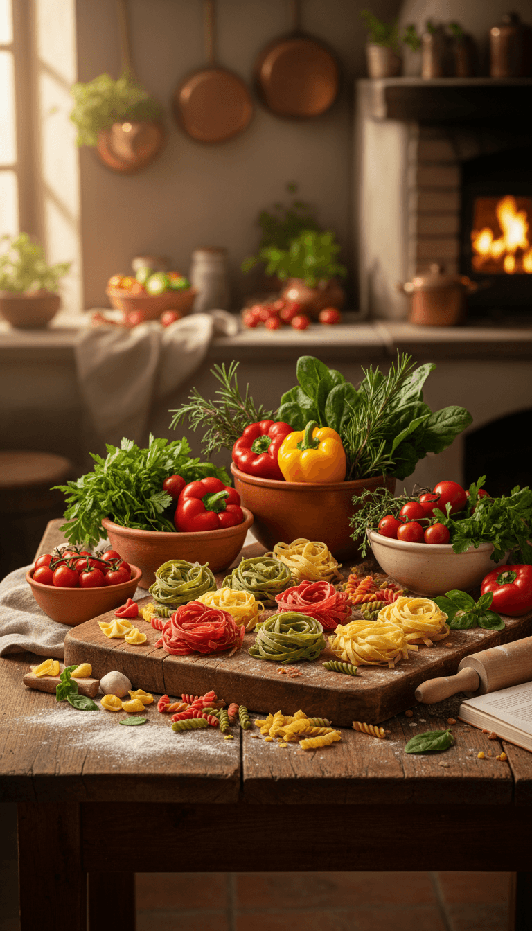 Handmade pasta with fresh herbs on a wooden table