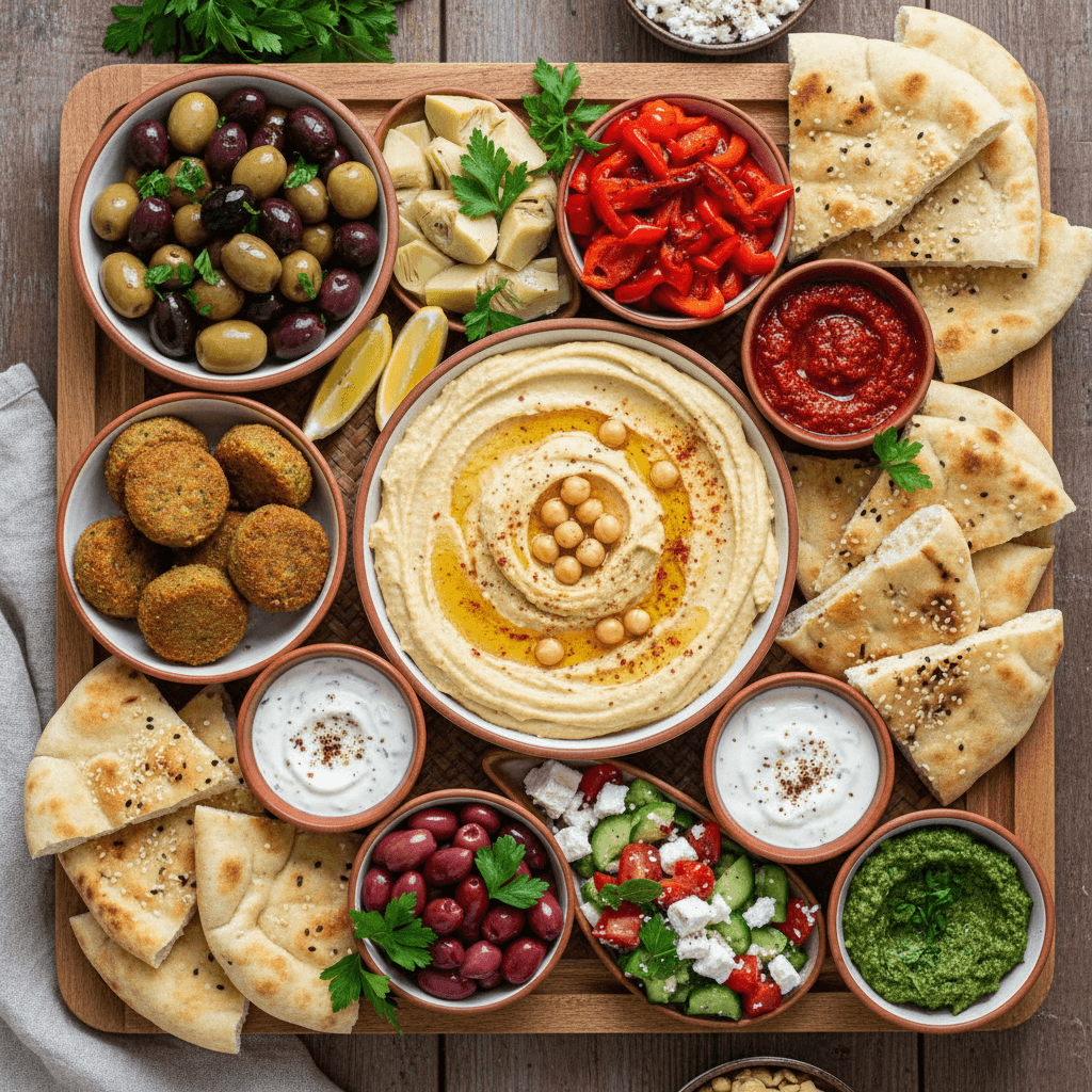 Fresh Mediterranean plates with garden herbs, olive oil and lemon