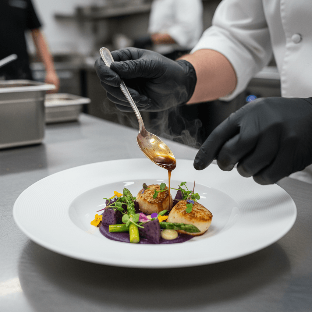 Chef plating a dish with sauce