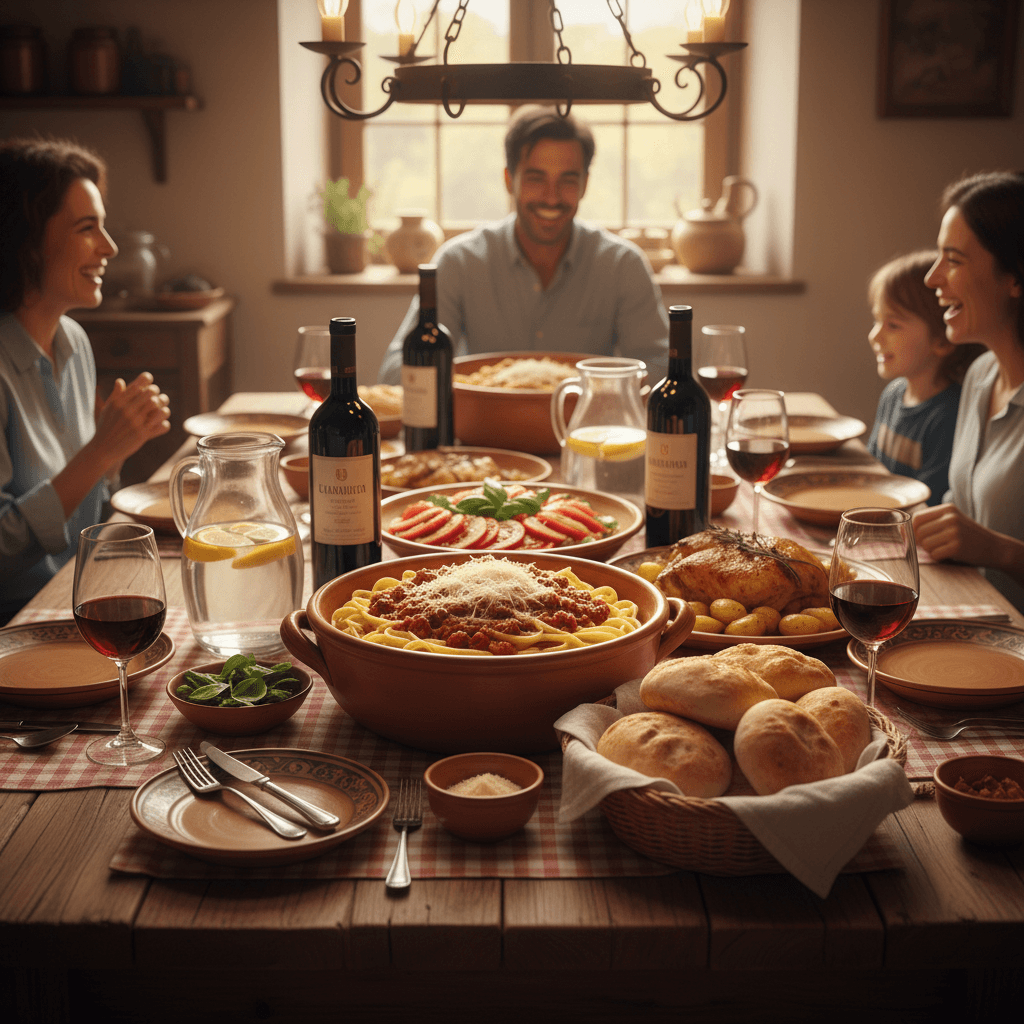 Traditional Italian home-cooked meal on a rustic family table with wine