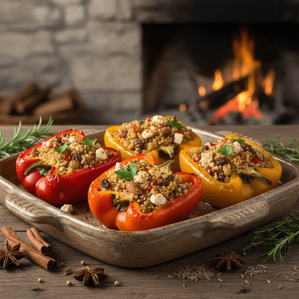 Baked stuffed peppers with spiced grains on a rustic dish