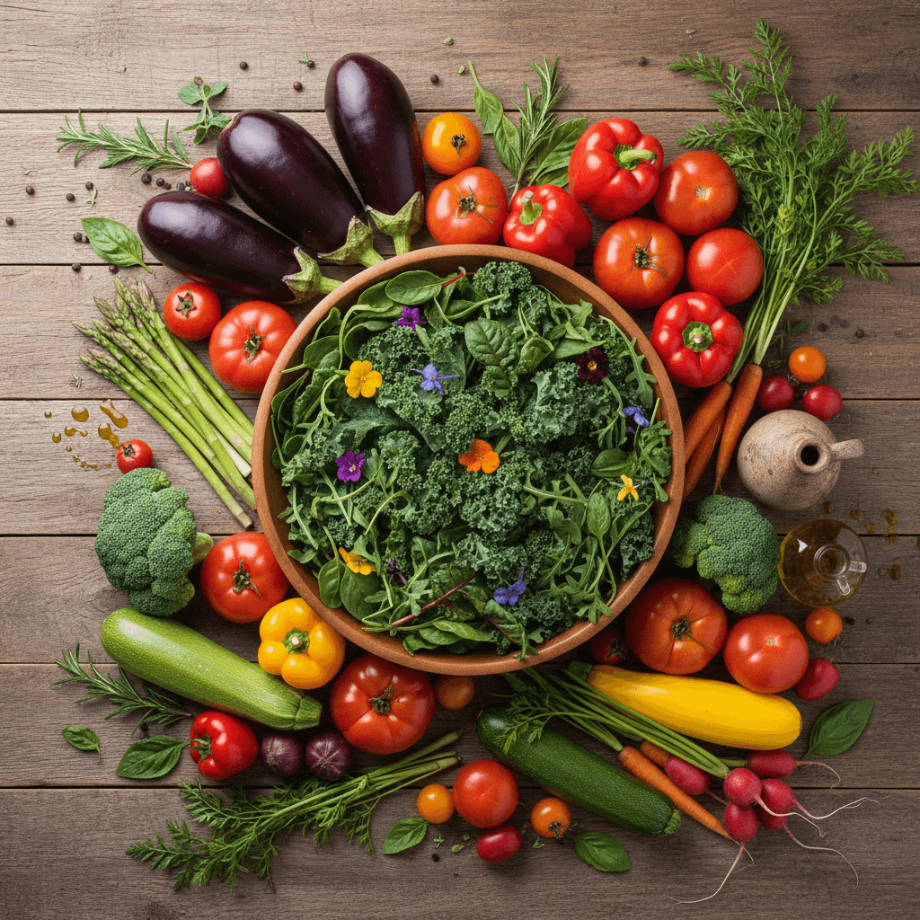 Fresh seasonal vegetables arranged on a rustic wooden table