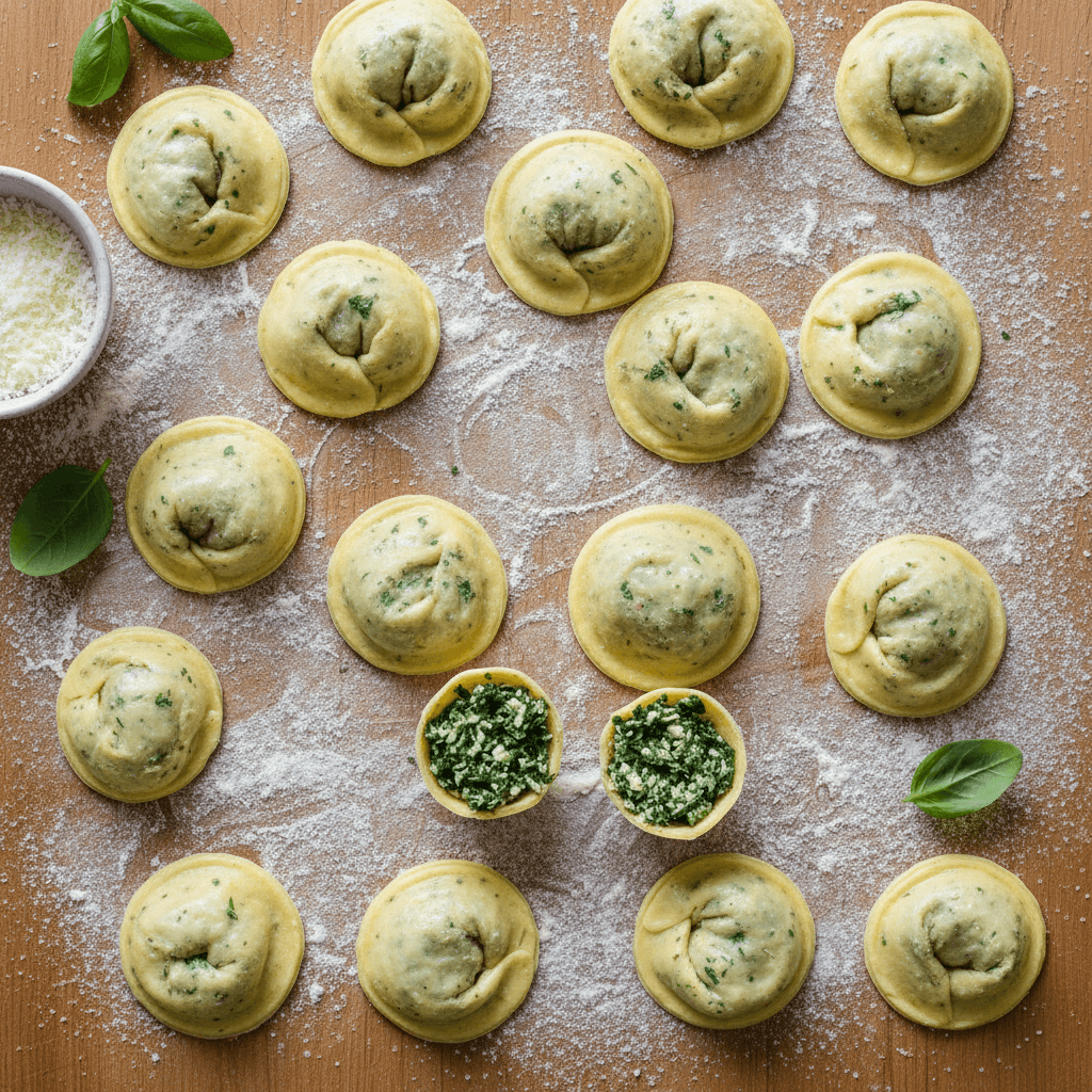 Hand-made ravioli being prepared on a flour-dusted surface