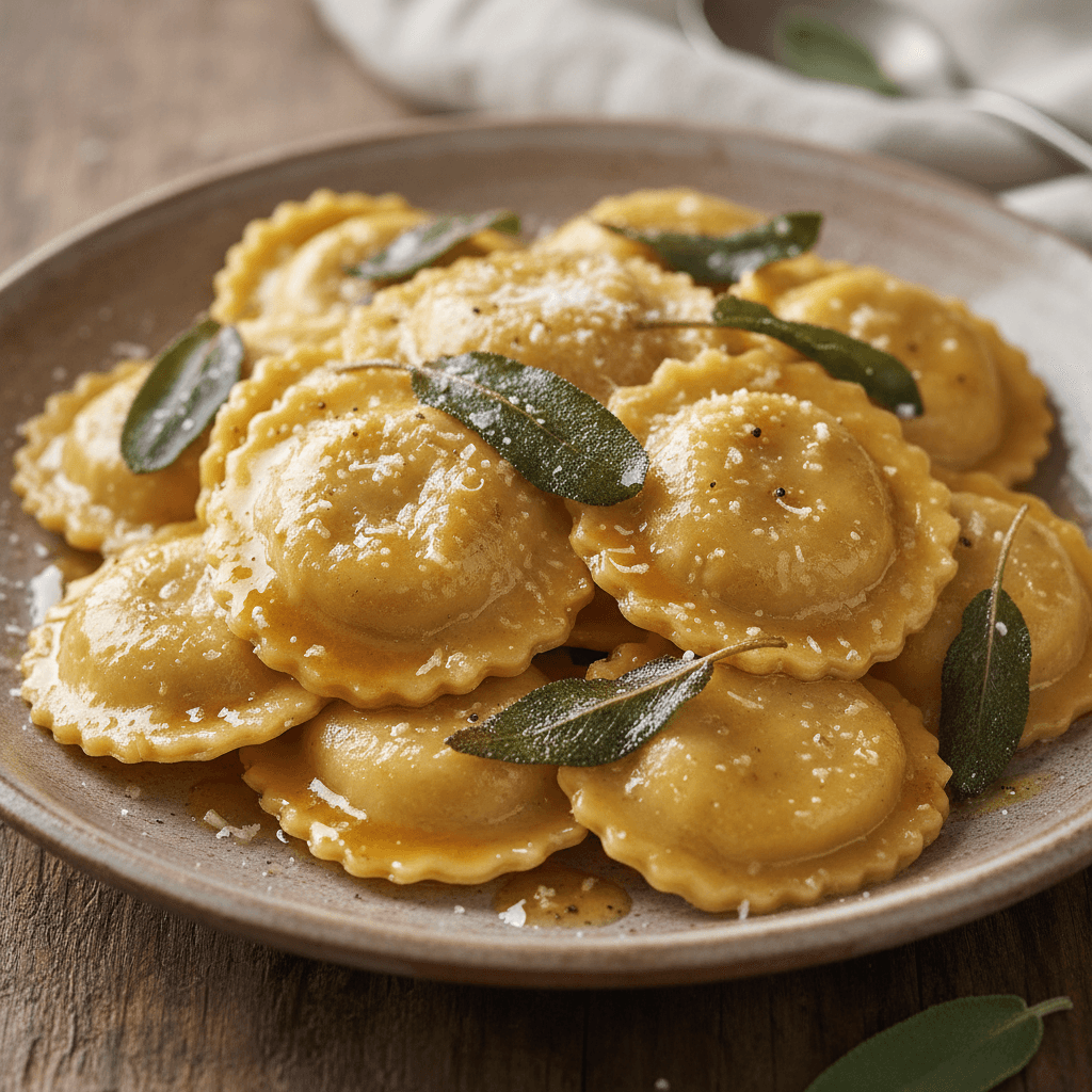 Handmade ravioli with sage brown butter sauce on a plate