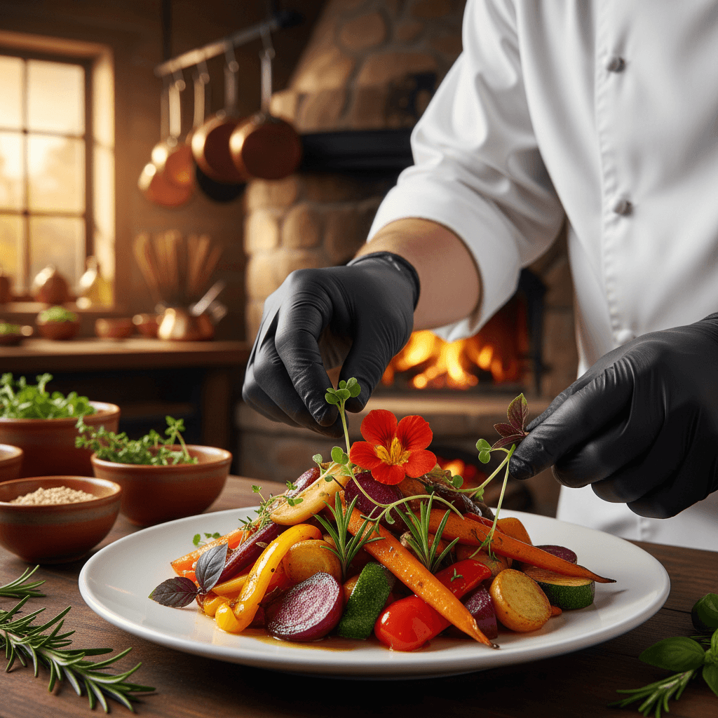 Chef plating a colorful roasted vegetable dish with garden herbs in a warm kitchen